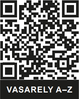 QR-kód a 'VASARELY A-Z' felirattal, fekete-fehér dizájn.