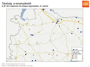 Távolság a versenytárstól: B lánc üzletei és A lánc üzletei Térkép a B lánc üzleteinek távolságáról a legközelebbi A lánc üzlettől Magyarország északnyugati részén.