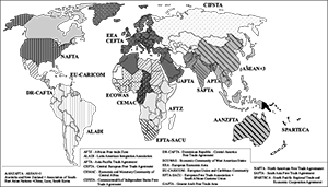 Világ térkép különböző szabadkereskedelmi övezetekkel és megállapodásokkal, színek és minták jelzik a területeket.