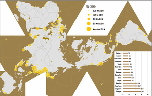 Világtérkép a 2010-es TEU konténerforgalommal Világtérkép, amely a 2010-es TEU konténerforgalmat ábrázolja különböző kikötőkben sárga körökkel.