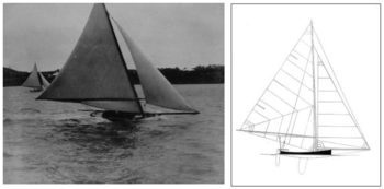 Vitorlás hajó régi fényképen és vázlatrajza, tenger háttérrel.