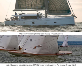 Két vitorlás hajó, egy modern és egy klasszikus stílusú, a tengeren vitorlázik.