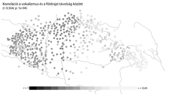 Korreláció a vokalizmus és földrajzi távolság között Magyarországon Térkép a vokalizmus és földrajzi távolság közötti korrelációról Magyarországon, színárnyalatokkal jelölve.
