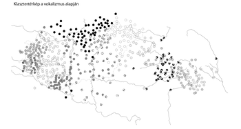 Térkép Magyarországról, amely a vokalizmus alapján készült klasztereket mutatja be különböző színű és mintázatú pontokkal.