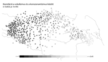 Korreláció a vokalizmus és konzonantizmus között térképen Térkép a vokalizmus és konzonantizmus közötti korrelációval, színskálával jelölve az erősséget.