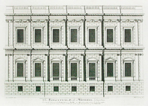 A Whitehall-i Bankett-ház építészeti rajza, amely az épület homlokzatát mutatja be.