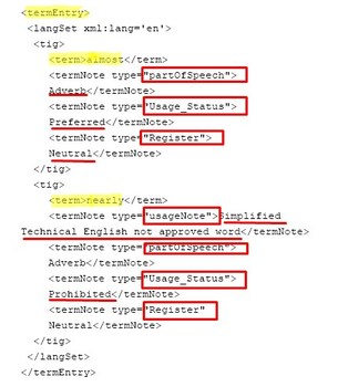 XML nyelvi elemek és jellemzőik XML kód nyelvi elemekkel, mint 'almost' és 'nearly', jellemzőkkel.