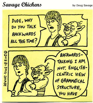 Yoda humoros képregényben válaszol, miért beszél visszafelé, nem angol központú nyelvtani szerkezetet használ.